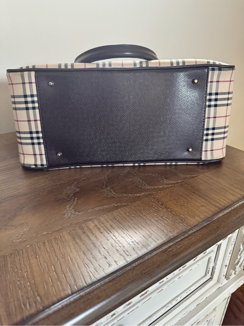 Vintage Burberry Beige Plaid Satchel with Brown Leather Handles - Picture 6 of 12